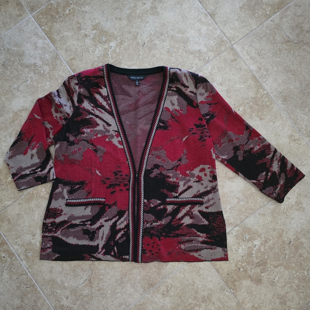 Like New Ming Wang L Knit Jacket Crimson Red Black And Taupe Tan